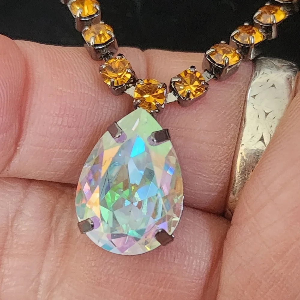 Silver Gunmetal Necklace with AB Crystal Teadrop and Matching Earrings Set